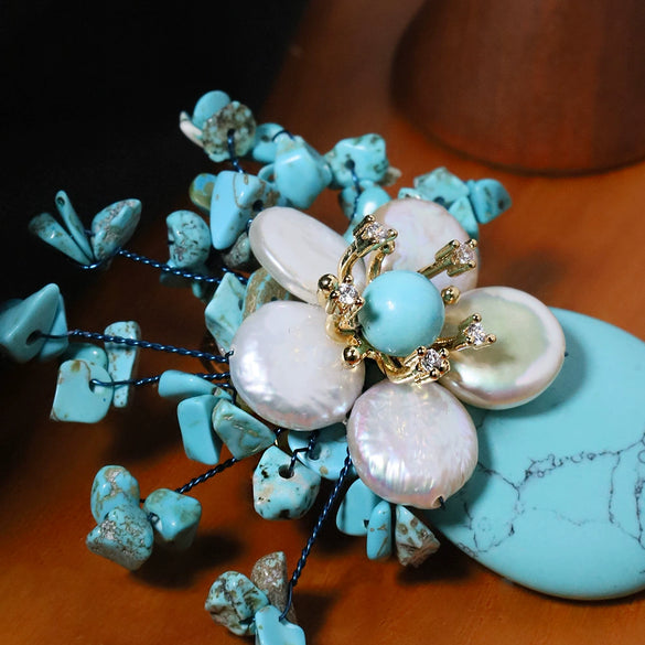 Wholesale Brooch Natural Pearl Turquoise Vintage Flower Electroplated