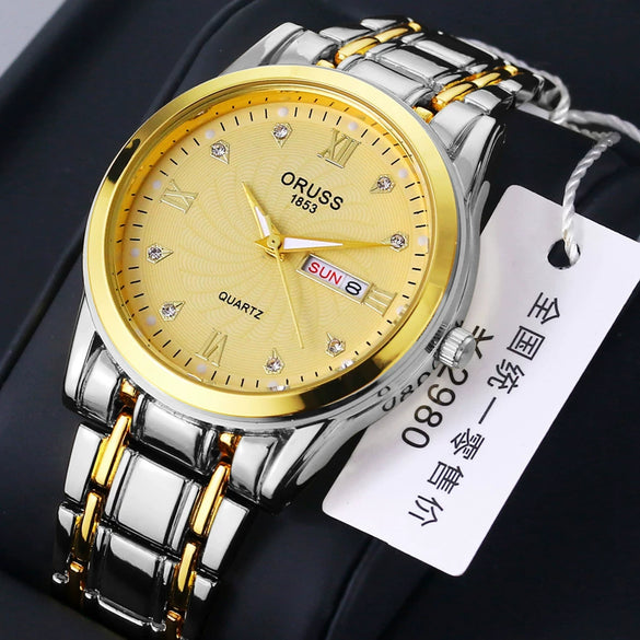 Wholesale Business Style Vintage Waterproof Couple's Quartz Watch With Steel Band And Case Round Dial Mineral Strengthened Glass Mirror Spiral Crown Bilateral Button Clasp