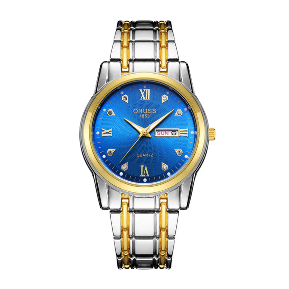 Wholesale Business Style Vintage Waterproof Couple's Quartz Watch With Steel Band And Case Round Dial Mineral Strengthened Glass Mirror Spiral Crown Bilateral Button Clasp