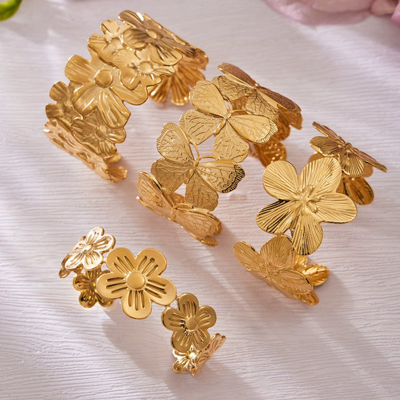 Wholesale Butterfly Flowershaped Open Bracelet Set Geometric Minimalist Design Stainless Steel 18K Gold Plated