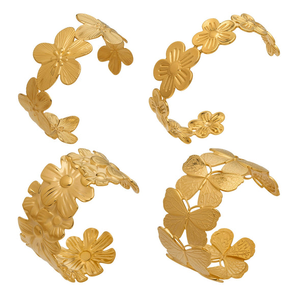 Wholesale Butterfly Flowershaped Open Bracelet Set Geometric Minimalist Design Stainless Steel 18K Gold Plated