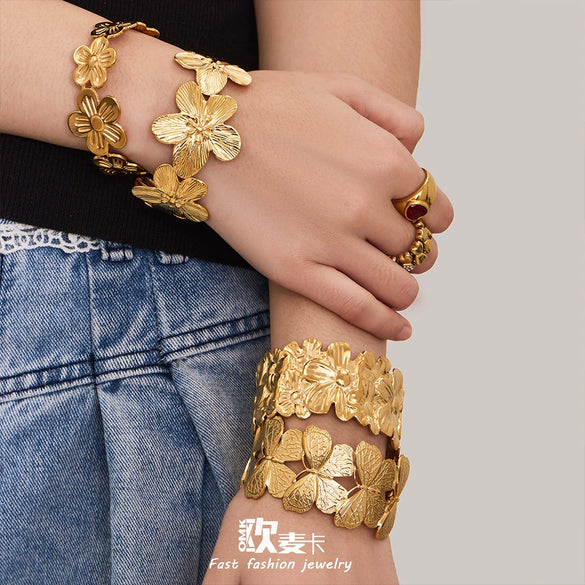 Wholesale Butterfly Flowershaped Open Bracelet Set Geometric Minimalist Design Stainless Steel 18K Gold Plated