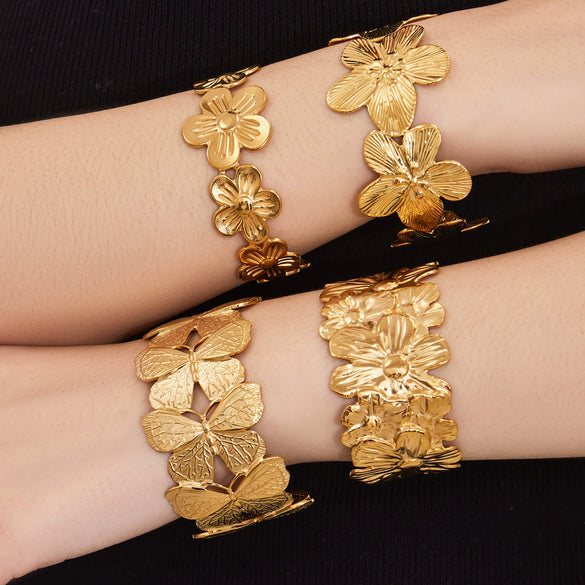 Wholesale Butterfly Flowershaped Open Bracelet Set Geometric Minimalist Design Stainless Steel 18K Gold Plated