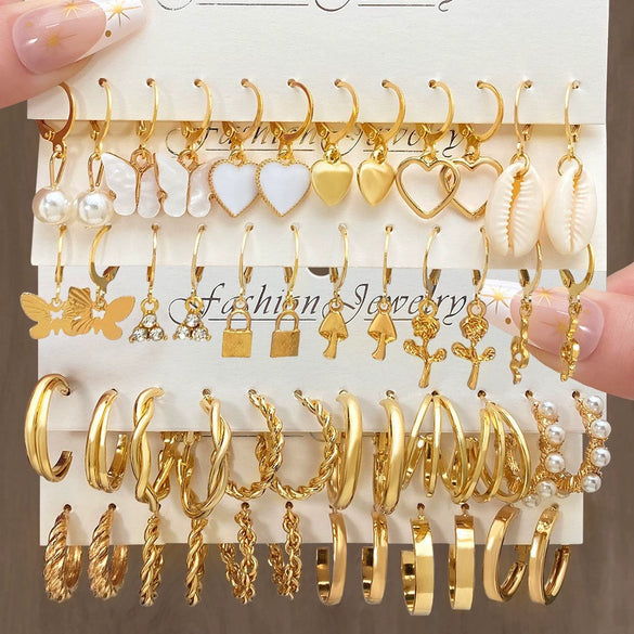 Wholesale Butterfly Love Lock Rose Diamond Pearl Earrings Set Alloy Electroplated With Heart Animal Zodiac Patterns Unisex