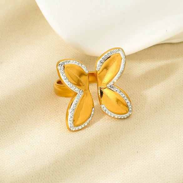 Wholesale Butterfly Open Ring Stainless Steel 18K Gold Plated Diamond Design Insect Pattern Jewelry Accessories For Women