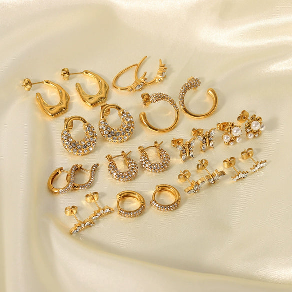 Wholesale C Shaped Butterfly Zircon Irregular Pearl Earrings With Crown Bow U Shaped Geometric Pattern 18K Gold Plated Stainless Steel Stud Earrings For Women
