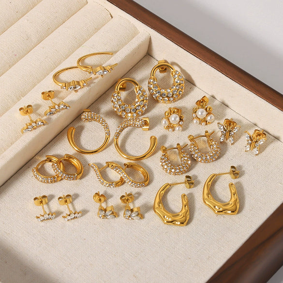 Wholesale C Shaped Butterfly Zircon Irregular Pearl Earrings With Crown Bow U Shaped Geometric Pattern 18K Gold Plated Stainless Steel Stud Earrings For Women