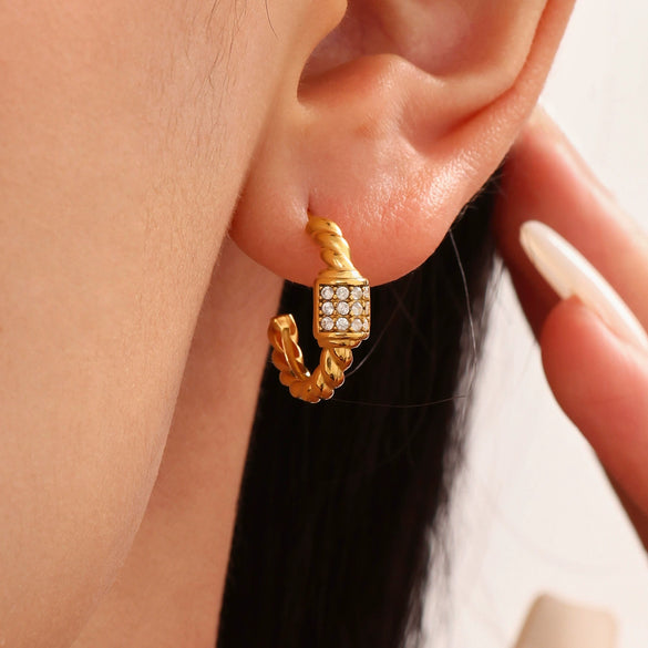 Wholesale C Shaped Twist Zircon Earrings In Stainless Steel With 18K Gold Color Preserving Electroplated Geometric Design For Women