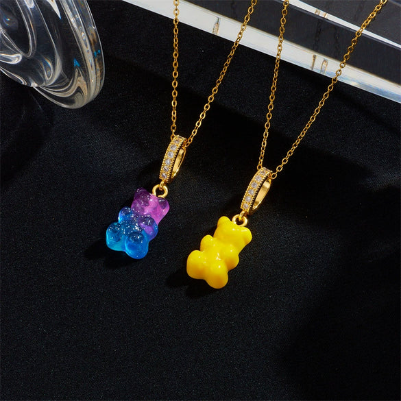 Wholesale Candy Bear Necklace Mixed Gem Inlay Copper Electroplated Sweet Animal Zodiac Style Unisex Cross Chain Accessory