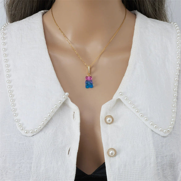 Wholesale Candy Bear Necklace Mixed Gem Inlay Copper Electroplated Sweet Animal Zodiac Style Unisex Cross Chain Accessory