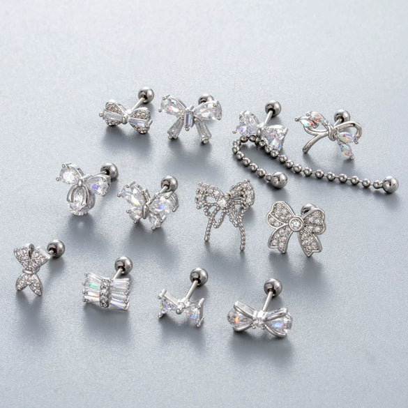 Wholesale Cartilage Puncture Ear Bone Nail Fashion Allmatch Copper Zirconium Bow Stainless Steel Rod For Women