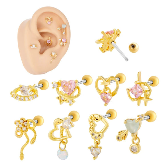 Wholesale Cartilage Puncture Ear Bone Nail Stainless Steel And Copper Inlaid With Zircon Heart Pattern Electroplated Sweet Girly Princess Style