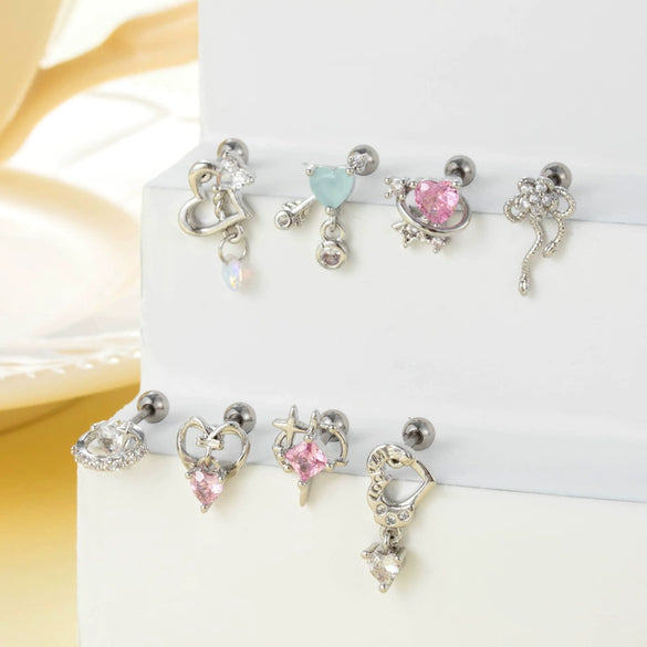 Wholesale Cartilage Puncture Ear Bone Nail Stainless Steel And Copper Inlaid With Zircon Heart Pattern Electroplated Sweet Girly Princess Style