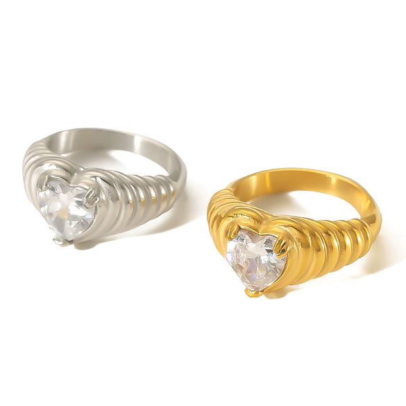 Wholesale Cast Stainless Steel Inlaid White Love Zircon Heart Shaped Geometric Ring For Women 18K Gold Plated Electroplated