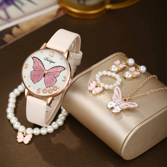Wholesale Casual Female Round Stainless Steel Case Imitation Leather Strap Butterfly Printed Watch And Jewelry Set