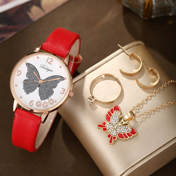 Wholesale Casual Female Round Stainless Steel Case Imitation Leather Strap Butterfly Printed Watch And Jewelry Set