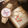Wholesale Casual Female Round Stainless Steel Case Imitation Leather Strap Butterfly Printed Watch And Jewelry Set