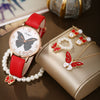 Wholesale Casual Female Round Stainless Steel Case Imitation Leather Strap Butterfly Printed Watch And Jewelry Set