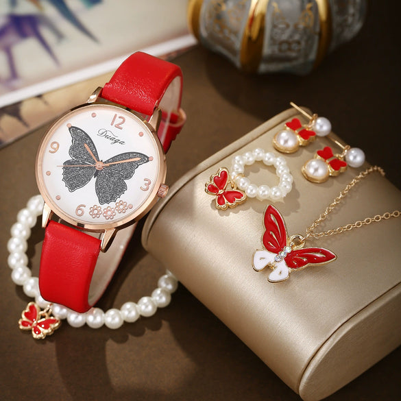 Wholesale Casual Female Round Stainless Steel Case Imitation Leather Strap Butterfly Printed Watch And Jewelry Set
