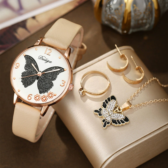 Wholesale Casual Female Round Stainless Steel Case Imitation Leather Strap Butterfly Printed Watch And Jewelry Set