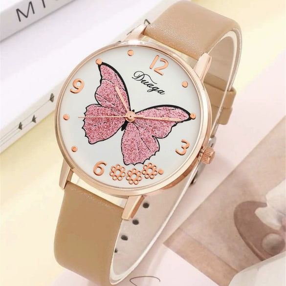Wholesale Casual Female Round Stainless Steel Case Imitation Leather Strap Butterfly Printed Watch And Jewelry Set