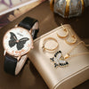 Wholesale Casual Female Round Stainless Steel Case Imitation Leather Strap Butterfly Printed Watch And Jewelry Set