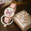 Wholesale Casual Female Round Stainless Steel Case Imitation Leather Strap Butterfly Printed Watch And Jewelry Set