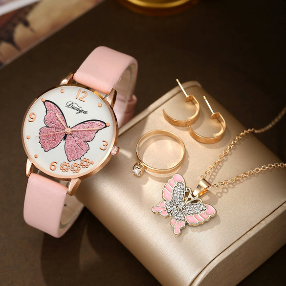 Wholesale Casual Female Round Stainless Steel Case Imitation Leather Strap Butterfly Printed Watch And Jewelry Set
