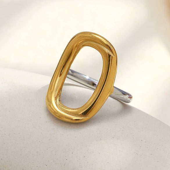 Wholesale Casual Geometric Asymmetrical Cut Out Oshaped 18K Gold Plated Stainless Steel Ring For Women