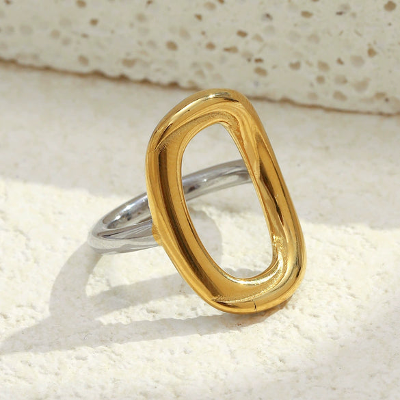 Wholesale Casual Geometric Asymmetrical Cut Out Oshaped 18K Gold Plated Stainless Steel Ring For Women