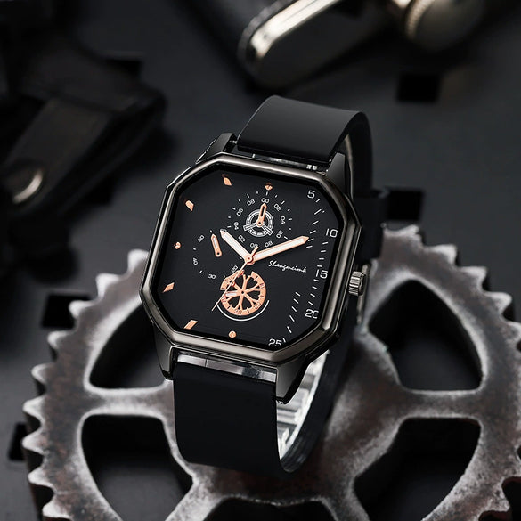 Wholesale Casual Men's Sports Quartz Watch With Double Layer Square Alloy Case And Pu Strap