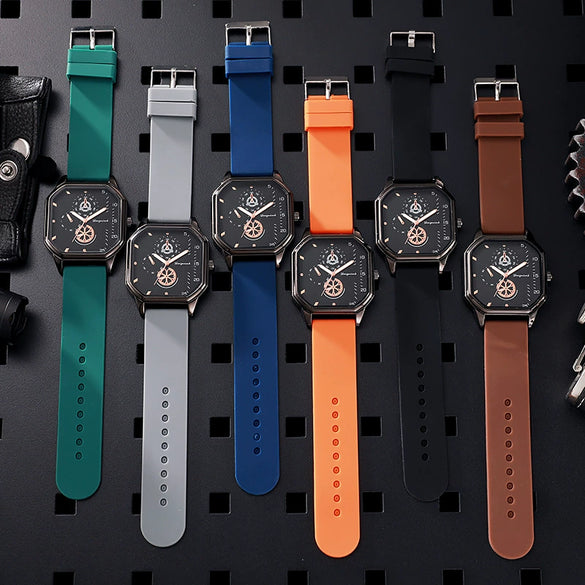 Wholesale Casual Men's Sports Quartz Watch With Double Layer Square Alloy Case And Pu Strap