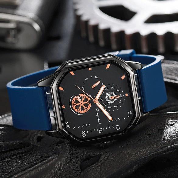 Wholesale Casual Men's Sports Quartz Watch With Double Layer Square Alloy Case And Pu Strap