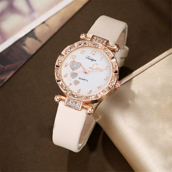 Wholesale Casual Sweet Round Dial Frosted Belt Watch With Pearl Butterfly Jewelry Set For Female Mirror Ordinary Glass Strap Imitation Leather Buckle Stainless Steel