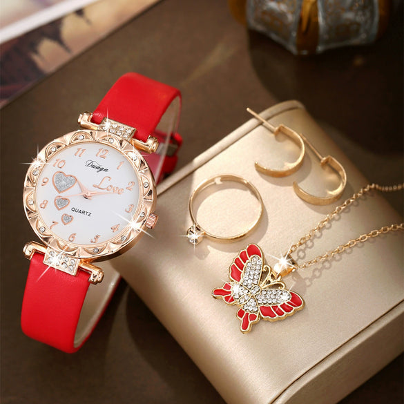 Wholesale Casual Sweet Round Dial Frosted Belt Watch With Pearl Butterfly Jewelry Set For Female Mirror Ordinary Glass Strap Imitation Leather Buckle Stainless Steel