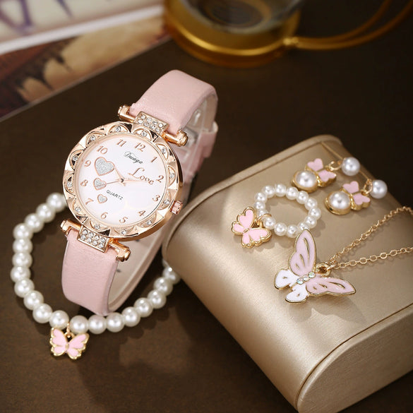 Wholesale Casual Sweet Round Dial Frosted Belt Watch With Pearl Butterfly Jewelry Set For Female Mirror Ordinary Glass Strap Imitation Leather Buckle Stainless Steel