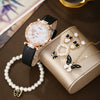 Wholesale Casual Sweet Round Dial Frosted Belt Watch With Pearl Butterfly Jewelry Set For Female Mirror Ordinary Glass Strap Imitation Leather Buckle Stainless Steel