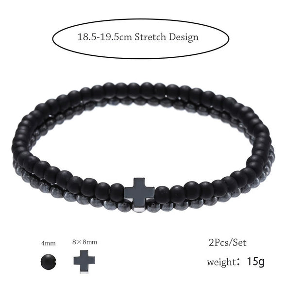 Wholesale Casual Unisex Handmade Black Frosted Copper Beads Cross Elastic Bracelet Accessories