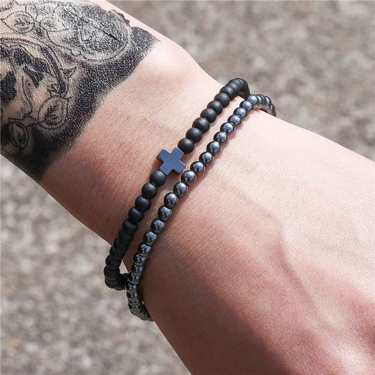 Wholesale Casual Unisex Handmade Black Frosted Copper Beads Cross Elastic Bracelet Accessories