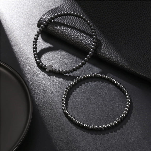 Wholesale Casual Unisex Handmade Black Frosted Copper Beads Cross Elastic Bracelet Accessories