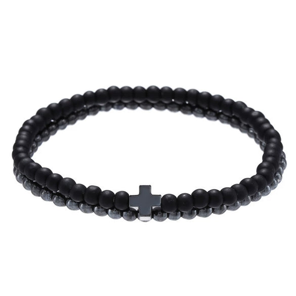 Wholesale Casual Unisex Handmade Black Frosted Copper Beads Cross Elastic Bracelet Accessories