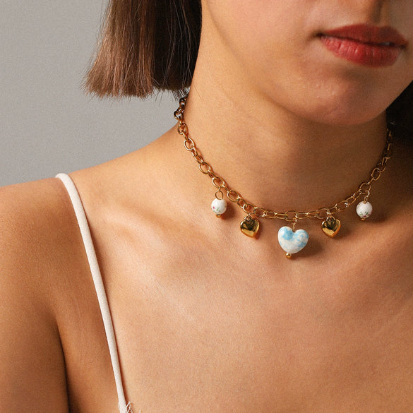 Wholesale Ceramic And Stainless Steel Heartshaped Tassel Necklace With Geometric Pattern And Electroplating For Women