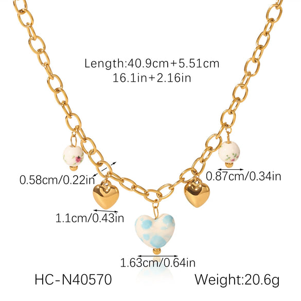 Wholesale Ceramic And Stainless Steel Heartshaped Tassel Necklace With Geometric Pattern And Electroplating For Women