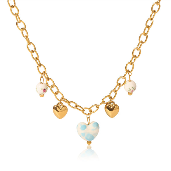 Wholesale Ceramic And Stainless Steel Heartshaped Tassel Necklace With Geometric Pattern And Electroplating For Women