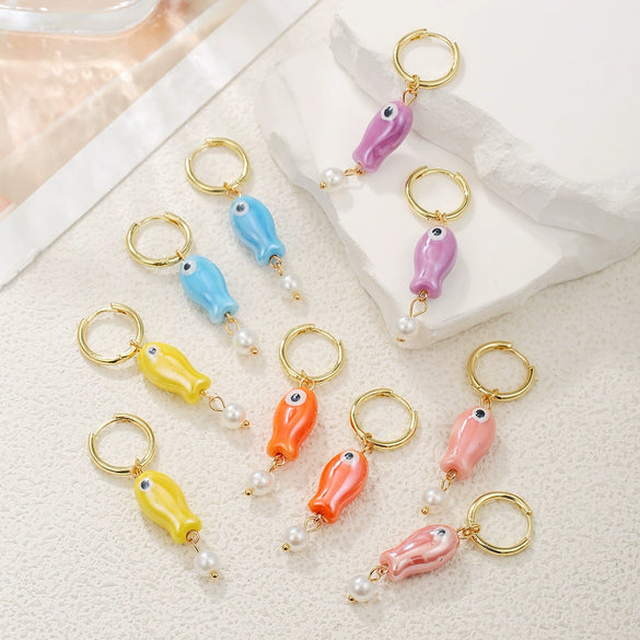Wholesale Ceramic Copper Geometric Fish Earrings Purely Handmade For Female Students