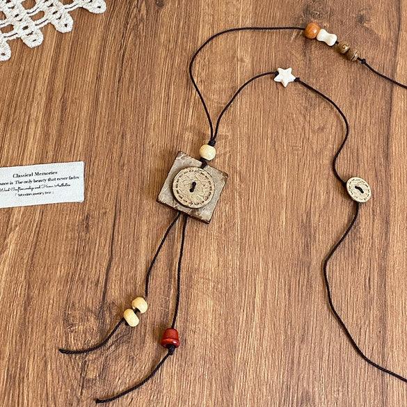 Wholesale Ceramic Pendant Necklace With Wooden Beads Handmade Retro Style Geometric And Flower Pattern For Women