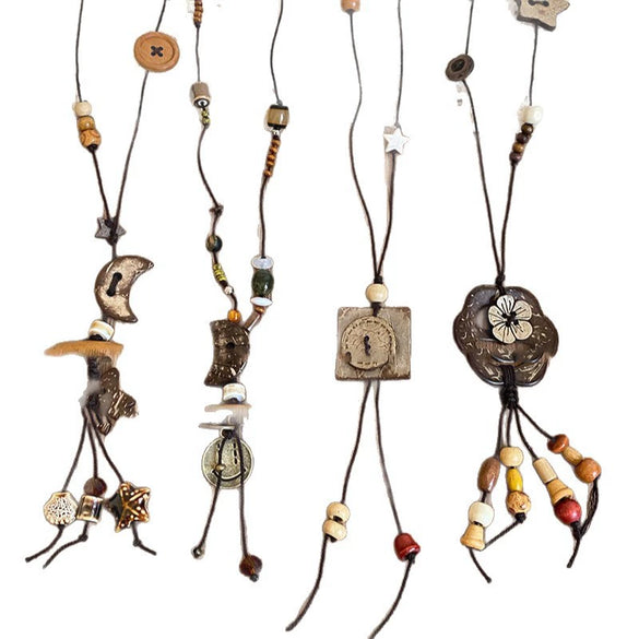 Wholesale Ceramic Pendant Necklace With Wooden Beads Handmade Retro Style Geometric And Flower Pattern For Women