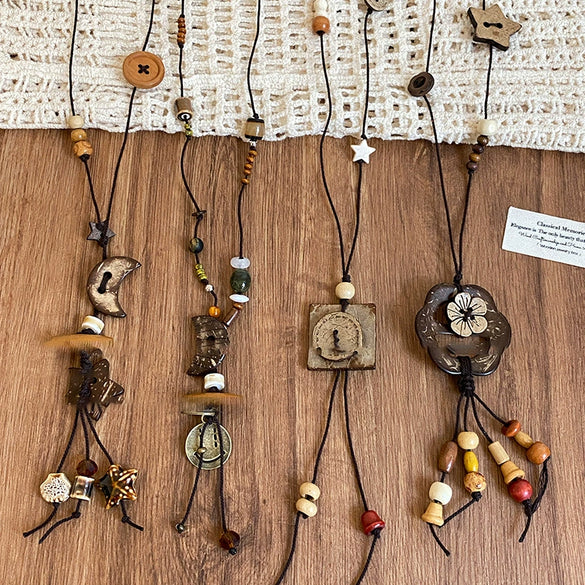 Wholesale Ceramic Pendant Necklace With Wooden Beads Handmade Retro Style Geometric And Flower Pattern For Women