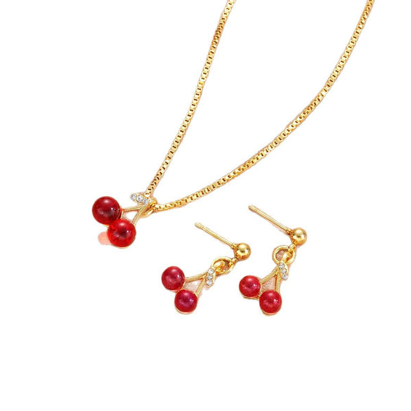 Wholesale Cherry Fruit Pattern Pendant Earrings Necklace Jewelry Suit Alloy Electroplated All Match Light Luxury Elegant Fashion Jewelry