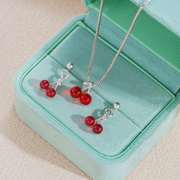 Wholesale Cherry Fruit Pattern Pendant Earrings Necklace Jewelry Suit Alloy Electroplated All Match Light Luxury Elegant Fashion Jewelry